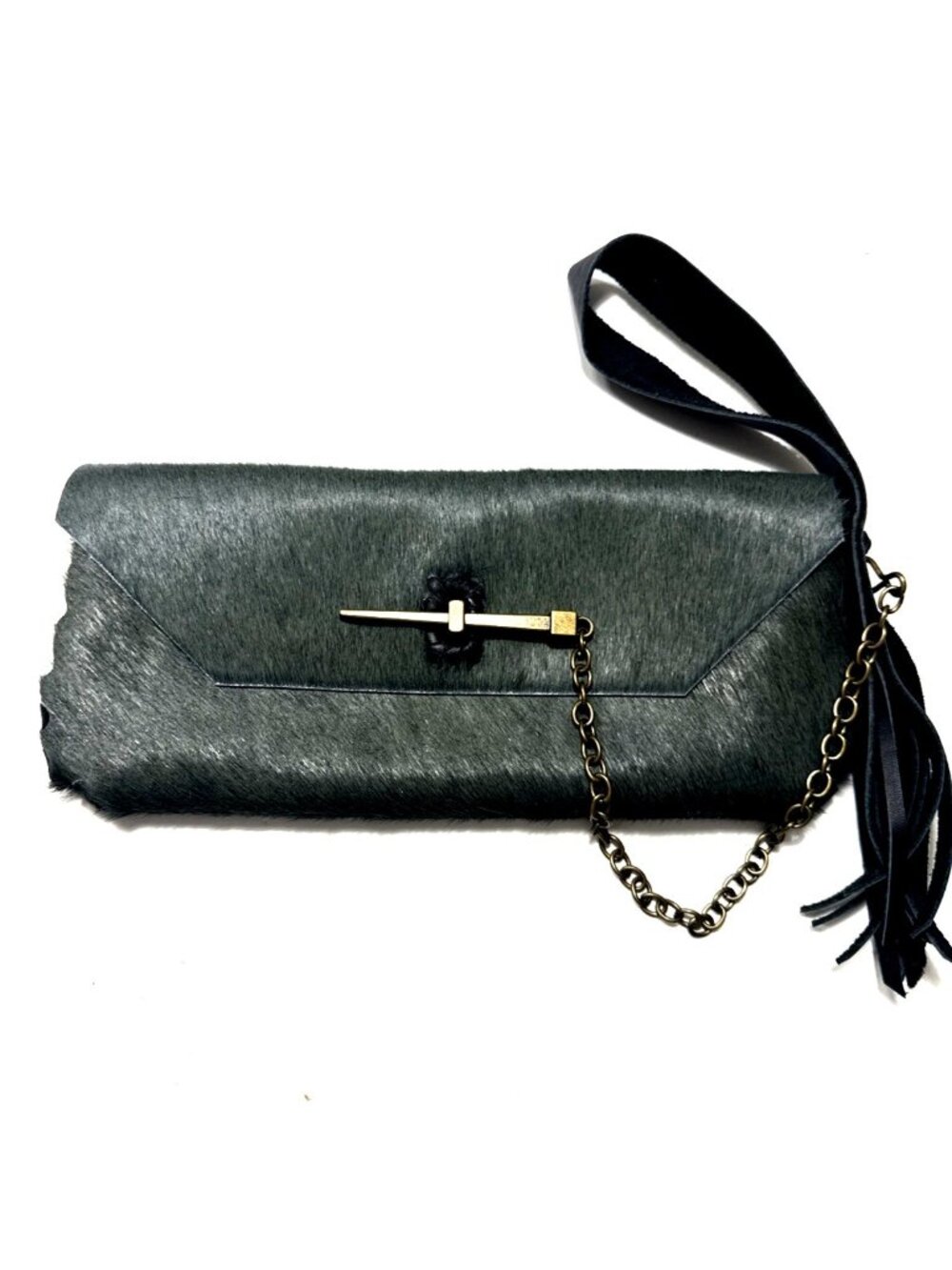Green 100% Pony Hair Clutch/Wristlet With Metal Spike Closure